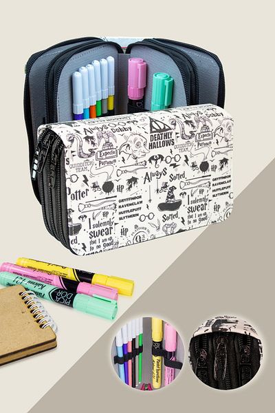 OneSize Pencil Case Harry Pottery Themed Orginazer Three Compartments Vegan Leather (Pen Holder)