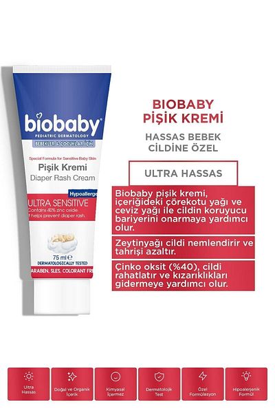 Biobaby Baby Diaper Rash Cream 40% Zinc 75 gr - Contains Organic Buckthorn Oil and Olive Oil