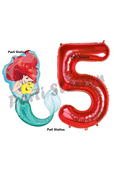 Parti Station Ariel 5 Year Old Mermaid Balloon and Red Number Birthday Party Balloon Set