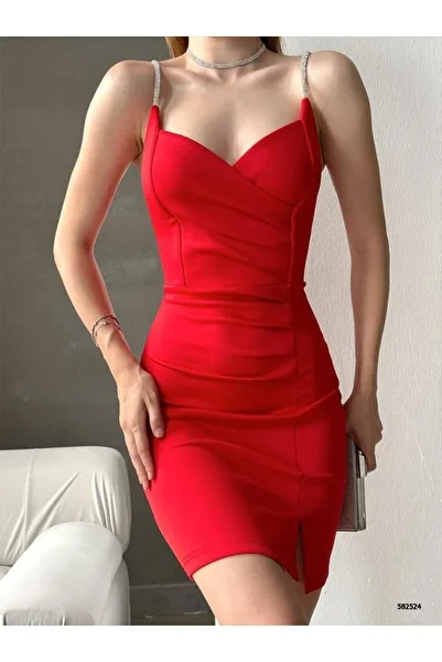 WOST Women's Red Stone Strap Slit Scuba Fabric Short Evening Dress Engagement Wedding Graduation Dress