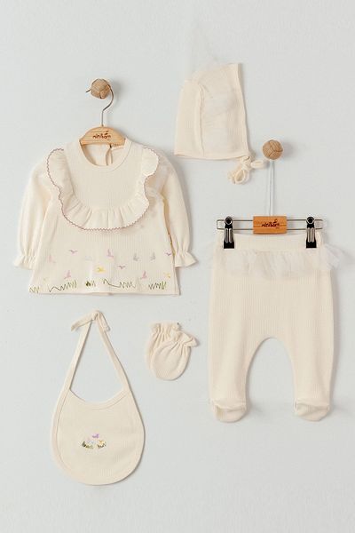 MİNİBORN NEW BORN GIRL LONG SLEEVE ECRU REPORT FABRIC SET OF FIVE