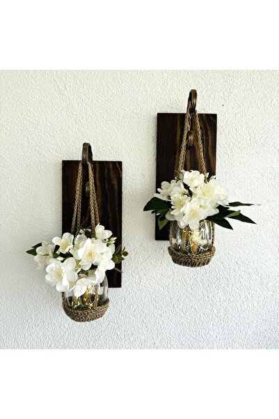 STDEKOR Duvar Dekoru, Led Işıklı, Beyaz Yasemin Çiçekli, Ceviz Aplik İkili Set
