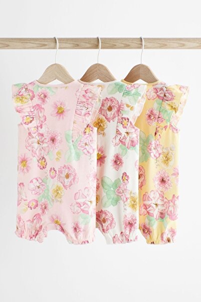 Next Baby 100% Cotton Pink Yellow Rose Pattern 3-Piece Romper Set
