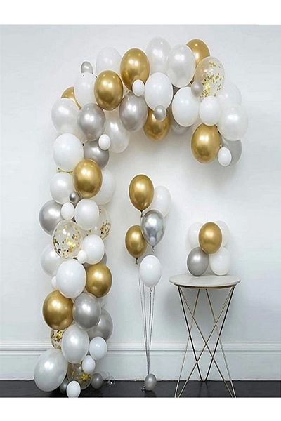 Parti Evreni White Silver Gold Confetti Balloon Chain Set