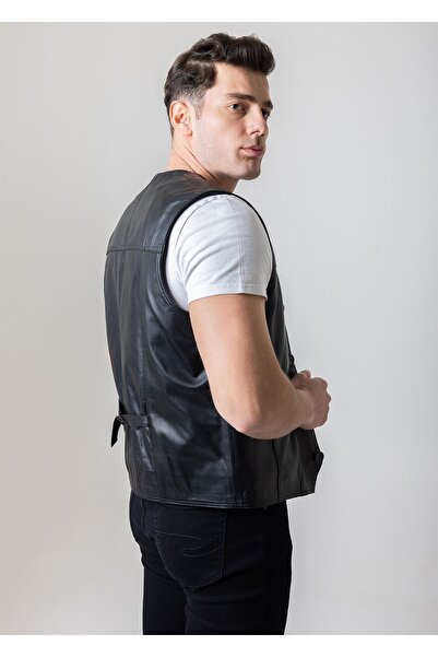 By Motto Erkek Siyah Hakiki Deri Yelek Feliciano