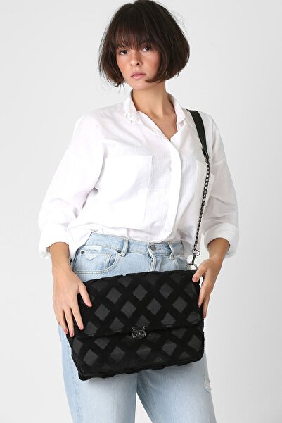 HAMUR Kadın Kumaş El Ve Omuz Çantası Tweed Siyah Kürklü Peluş Örme Çapraz Ask...