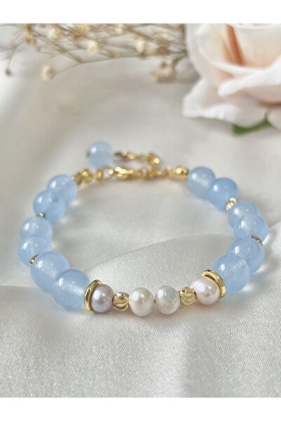 Zokak Sertifikalı Doğal Taş Gerçek Inci Ve Aquamarin Bileklikgerçek Inci Ve A...