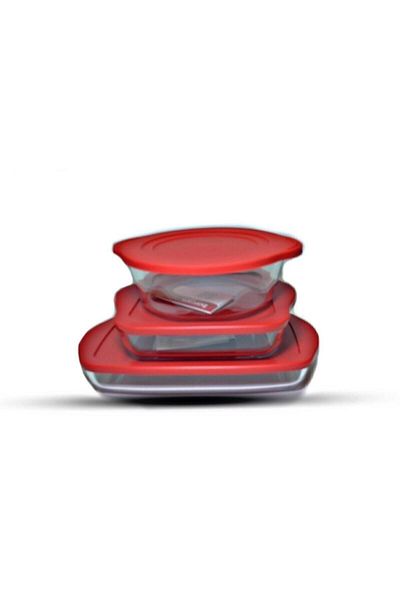 Paşabahçe Square Rectangular Round Red Covered Borcam Set 3 Pieces 59001 59034 59006