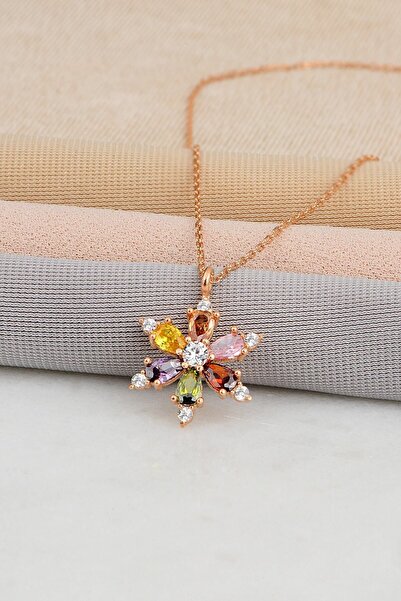 Bilsen Store 925 Ayar Gümüş Zincirli Rose Kaplama Miks Damla Taşlı Lotus Kamelya Çiçeği Kolye