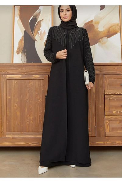 YASEŞA BUTİK YOUNG MOM WOMEN'S JASMINE LARGE SIZE BLACK BEADDETAIL CREPE EVENING DRESS