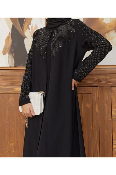YASEŞA BUTİK YOUNG MOM WOMEN'S JASMINE LARGE SIZE BLACK BEADDETAIL CREPE EVENING DRESS