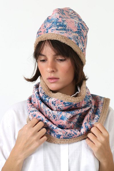 HAMUR Beige Women's Beret and Neck Collar Set of 2 Salmon Plush Wellsoft Bb-096