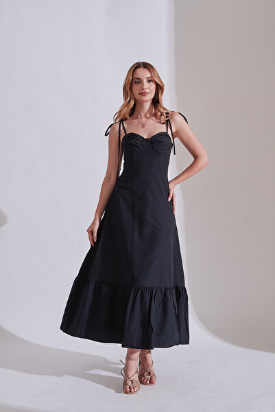 Rabia Çelik Kadın Siyah Omuzları Bağlamalı Vual Midi Elbise