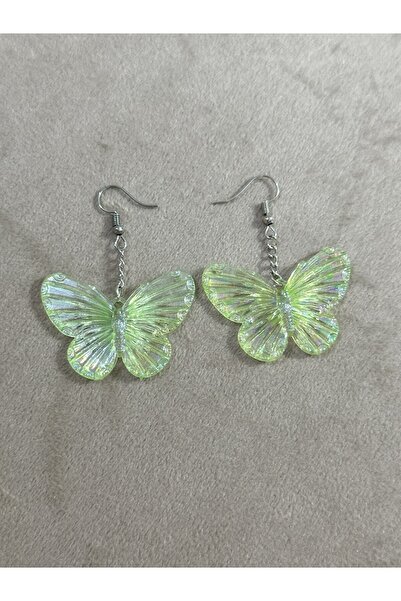 sleyshop Yeşil Renk Hologramlı Kelebek Küpe