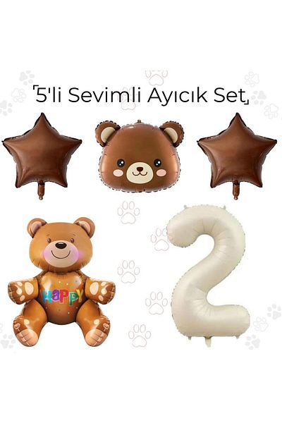 Konsept Sepeti 2 Years Old Cute Retro Teddy Bear Balloon Set - 5-Piece Sitting Star Bear Head