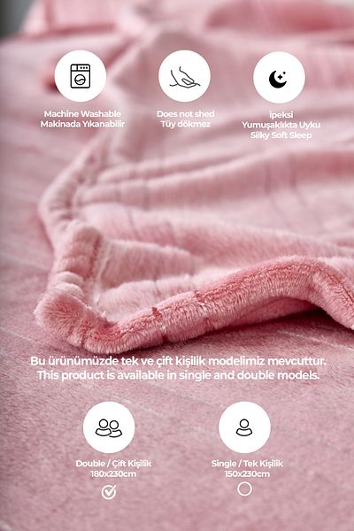 Evlen Home Collection Mayer Supersoft Double Soft Blanket Bedspread - 180x230 Cm Powder