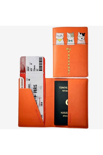 Smyrna Acar Mira Thermo Leather Printed Passport Cover Passport Holder Travel Wallet Orange