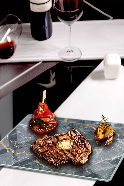 Decorita Glass Presentation Stand| Black Marble Look with Brown Detail| 29cm X 34cm