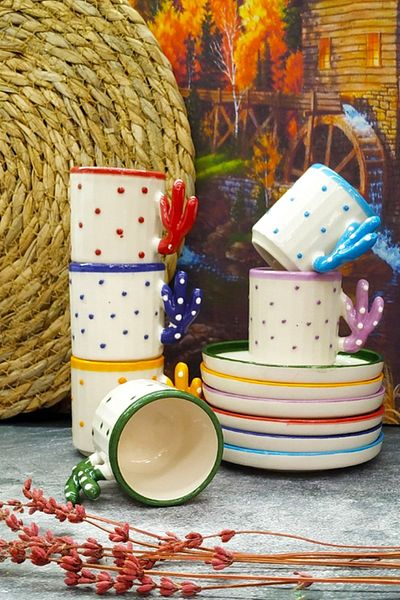 Otogar Çini Cactus 6-Person 90 ml Turkish Coffee Ceramic Cup Set - Handmade - Made in Kitchen