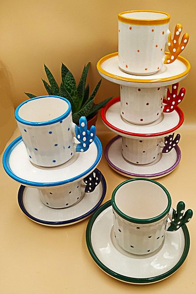 Otogar Çini Cactus 6-Person 90 ml Turkish Coffee Ceramic Cup Set - Handmade - Made in Kitchen