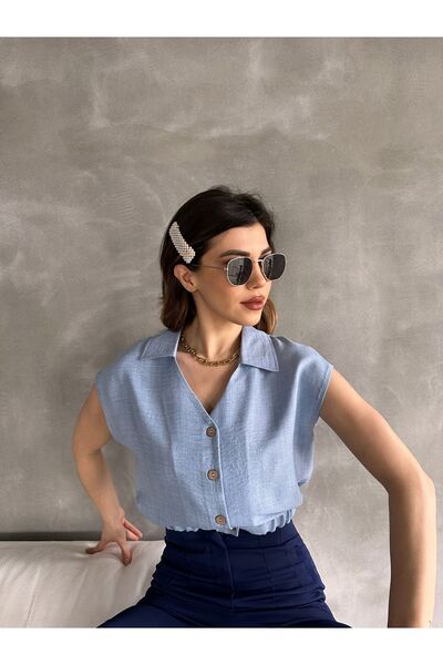 Siyah Kadınlar سترة نسائية زرقاء برقبة على شكل حرف V وأزرار أمامية وخصر مطاطي