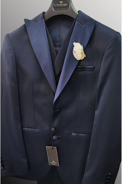 crispino Navy Blue Men's Tuxedo Suit - Groom Suit Jacket, Trousers and Vest