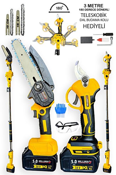 Millian Çift Akülü Şarjlı Ağaç Dal Kesme Budama Makası Dal Kesme Testere + Te...