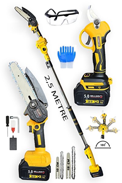 Millian İtalyan Model Çift Akülü Şarjlı Ağaç Dal Kesme Budama Makası Dal Kesme Testere + Teleskopik Hediyeli
