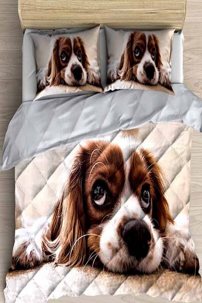 Else Dekor Brown Cute Dog 3D Patterned Double Microfiber Quilted Quilt