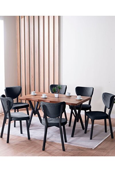 VIANEM Kütük Desenli MDF Elma Mutfak Masa Takımı 6 Sandalyeli Salon Yemek Mas...