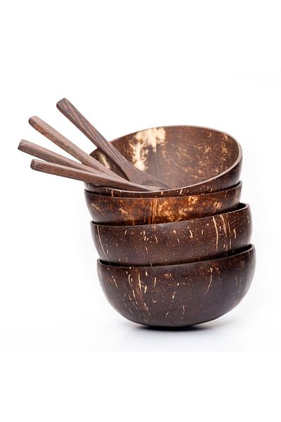 VeganEco Set of 4 Original Coconut Bowl and Wooden Spoons