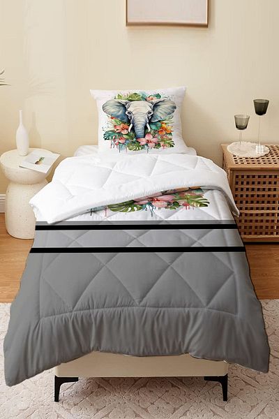 Else Halı Single and Children's Microfiber Quilted Sleeping Set - Colorful Elephant Pattern, Quilt Pillow