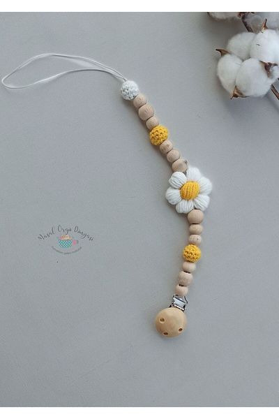 Masal Örgü Dünyası Daisy Beaded Pacifier Chain / Strap from Natural Amigurumi Strings