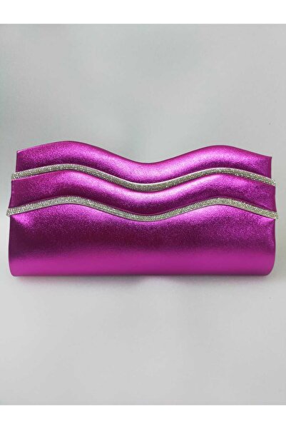 bsc حقيبة سهرة من الجلد الصناعي باللون الفوشيا المعدني مع تفاصيل حجرية فضية