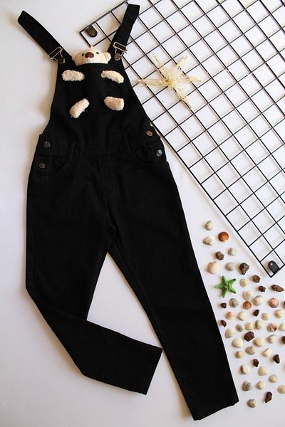 Sercino Unisex Kids Black Denim Salopet Trousers with Teddy Bear