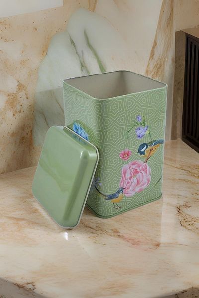 EVLE Ef022-d7 Blooming Green Patterned Square Metal Storage Container 11x11 Cm