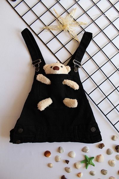 Sercino Unisex Kids Black Denim Salopet Trousers with Teddy Bear