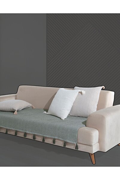 Lux Touch Lavi Ponponlu Haki Koltuk Örtüsü 115 x 200 cm Kanepe Divan Çekyat Berjer Örtüsü Şalı Püsküllü