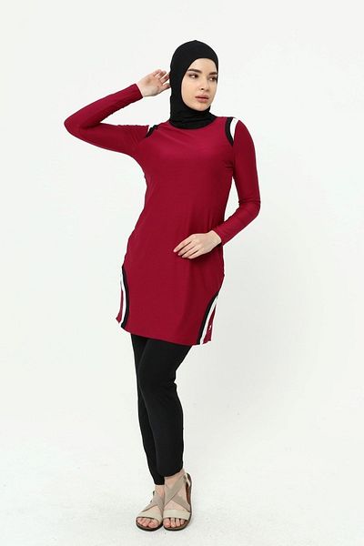Ranuna 2315 Water Repellent Solid Color Hijab Swimsuit Claret Red