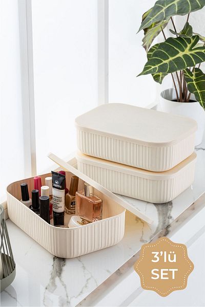 Vienev 3-Line Storage Box with Lid 3.2 Liters Beige