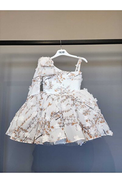 SCSTİL ÜÇ BOYUTLU ÇİÇEKLİ DESENLİ TEK OMUZ BEJ ELBİSE