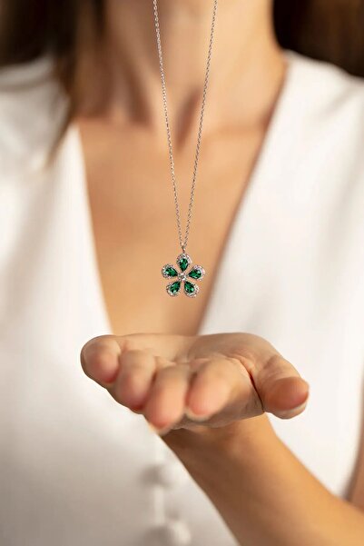 Sahira Jewelry Yeşil Damla Taşlı Çiçek Gümüş Kaplama Kadın Kolye