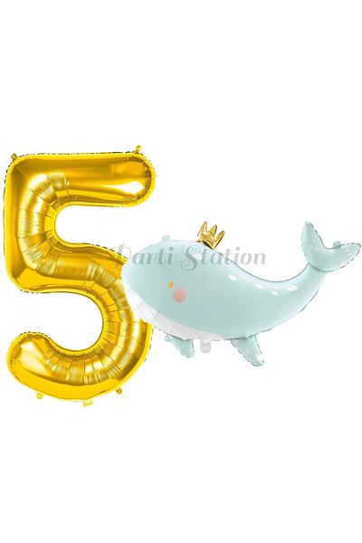 Parti Station 5 Year Old Green Whale Cute Balloon Set - Sea and Ocean Creatures, Concept and Gold Number Balloon