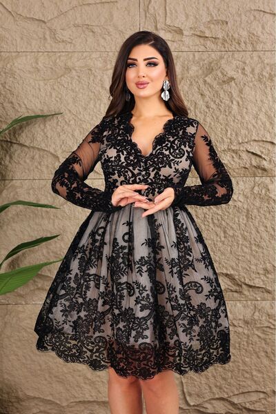 Matik Abiyem Esnek Tül Üzerine Flok Baskılı V Dekolteli Kısa Tütü Elbise Abiye