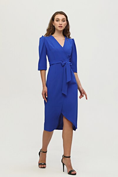 Feminist Kruvaze Yaka Midi Boy Krep Elbise Saks 0104010