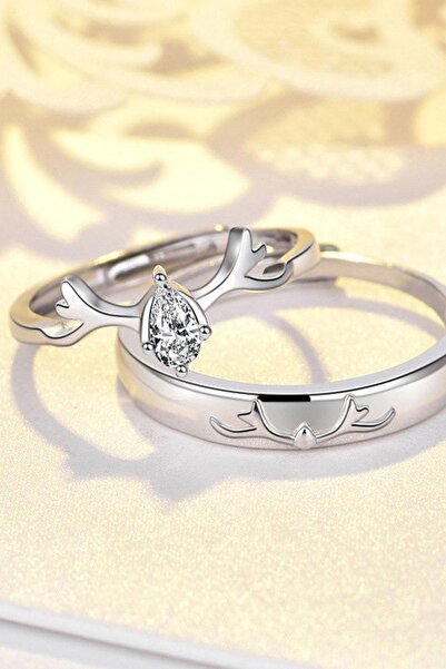 Sahira Jewelry Geyik Motifli Beyaz Taşlı Gümüş Kaplama Çift Alyans Yüzük