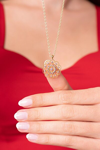 Sahira Jewelry Yaşam Çiçeği Mor Taşlı 14K Gold Kaplama Kadın Kolye