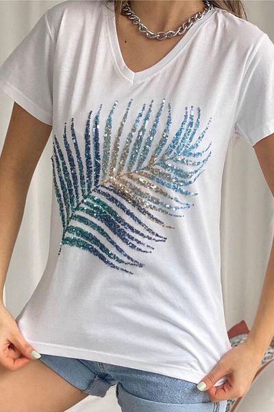 FEMELLE Tricou de damă, alb, cu decolteu în V, cu paiete, 100% bumbac