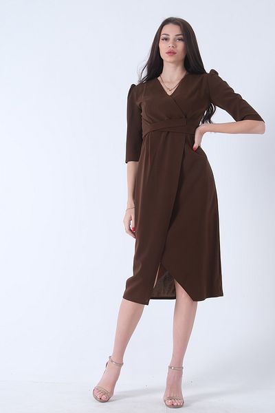 Feminist Double Breasted Collar Midi Crepe Dress Brown0104010