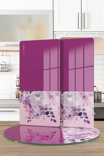 Decovetro Vintage Purple Flower Patterned 3-Piece Round Plate Set - Glass Presentation Service